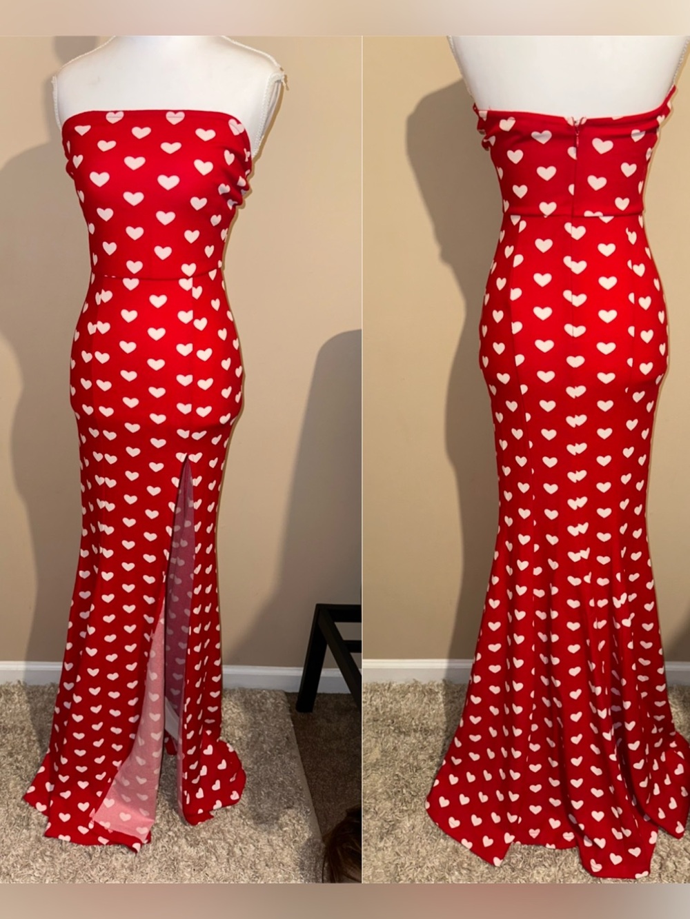 Strapless Red Heart-Print Maxi Dress